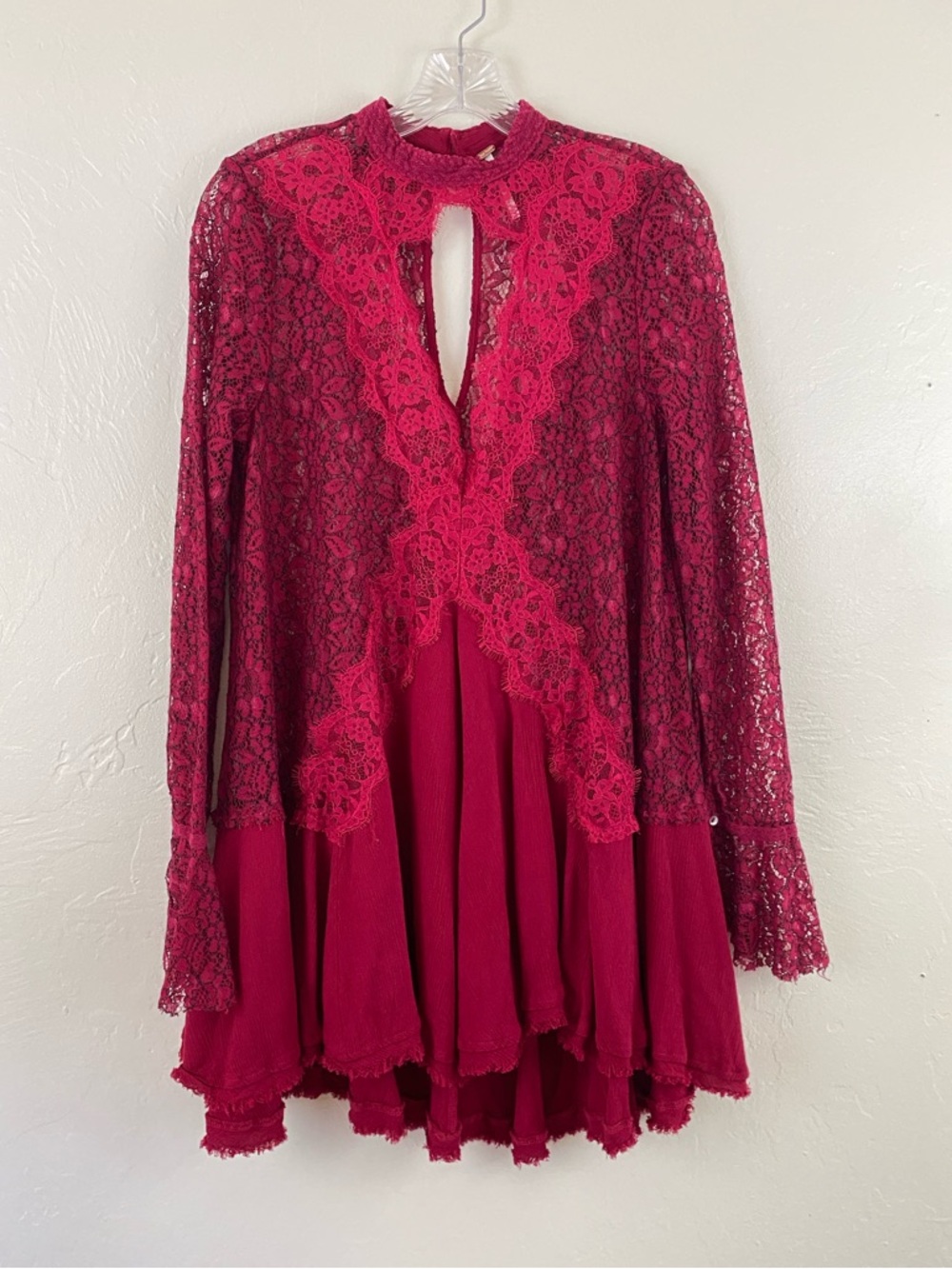 Free People Size Medium Red Floral Lace Mock Neck Bell Sleeve Flowy Swing Dress